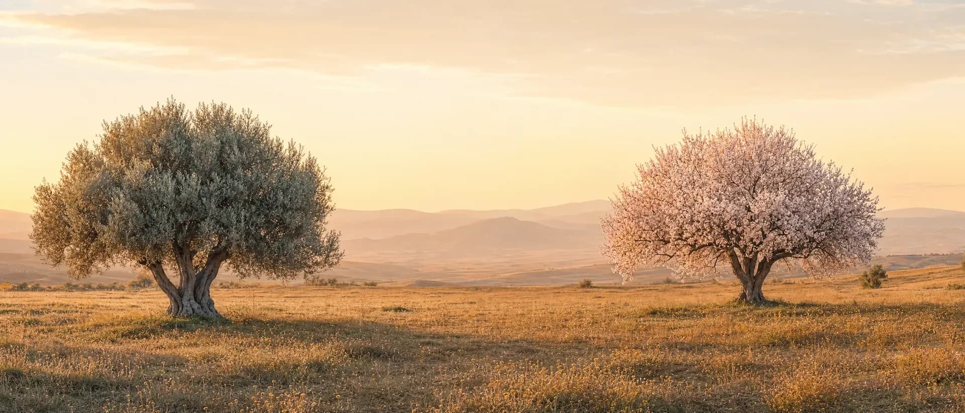 Two trees in a field at sunrise — one in full leaf, the other in blossom