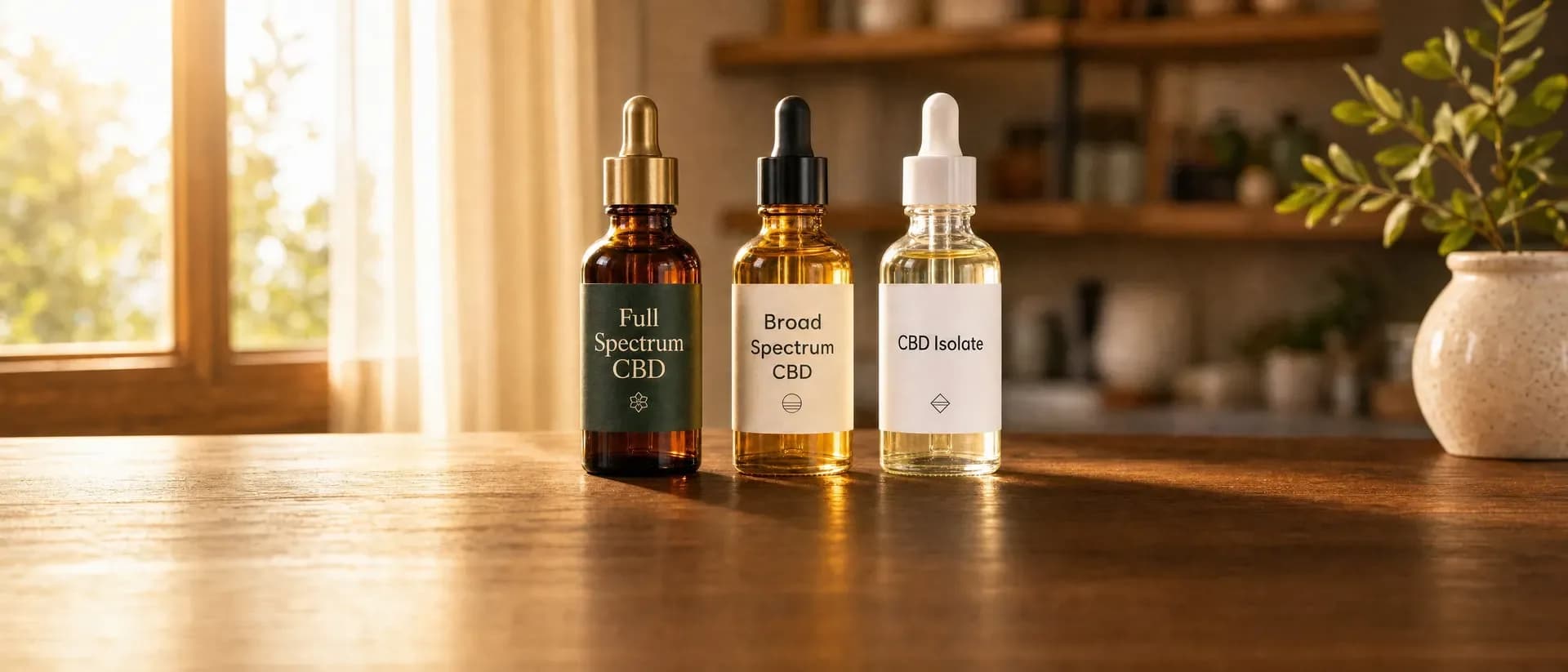 Три флакона CBD масло на дървена маса — full spectrum, broad spectrum и изолат