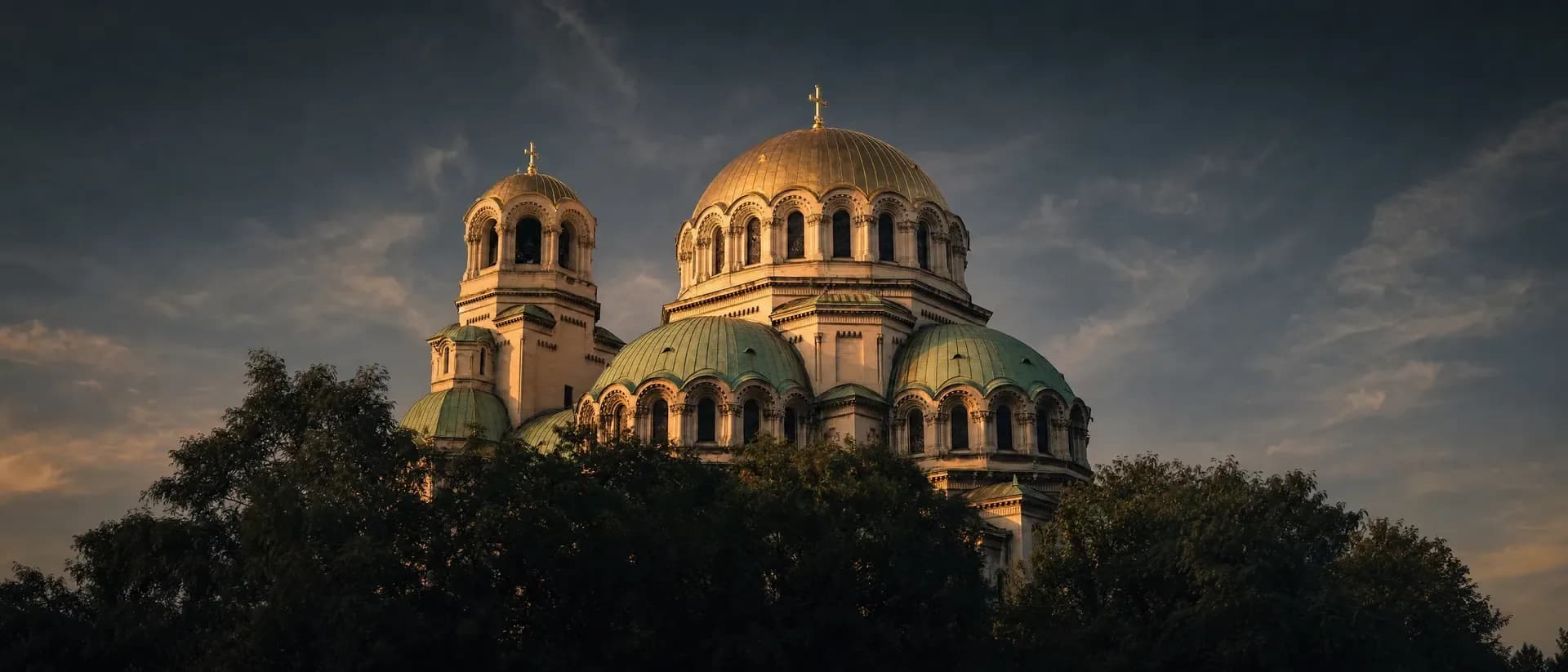 The domes of the Alexander Nevsky Cathedral in Sofia at sunset
