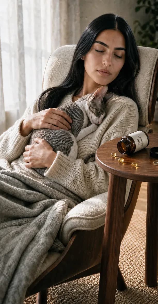 CBD capsules for calm and relaxation – woman relaxing in an armchair with a cat, CBD capsule bottle on the table, CBDshop.bg