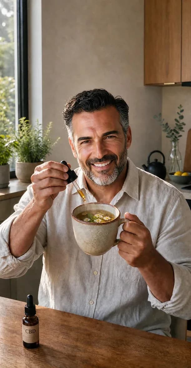 CBD and CBG oil for mood and focus – man adding CBD oil to a cup of tea, CBDshop.bg