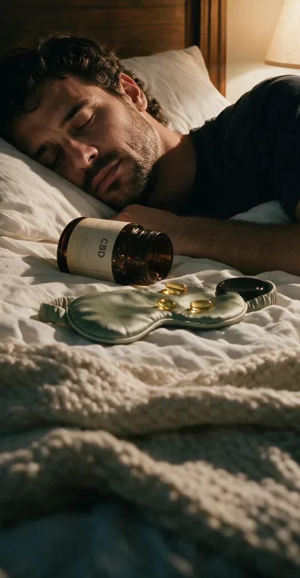 CBD and CBN capsules for restful sleep – man sleeping in bed next to a capsule bottle and sleep mask, CBDshop.bg
