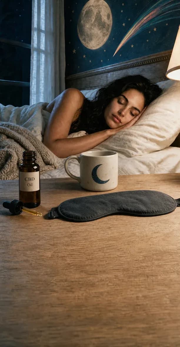 CBD and CBN oil for restful sleep – sleeping woman with a CBD oil bottle and sleep mask on the nightstand, CBDshop.bg
