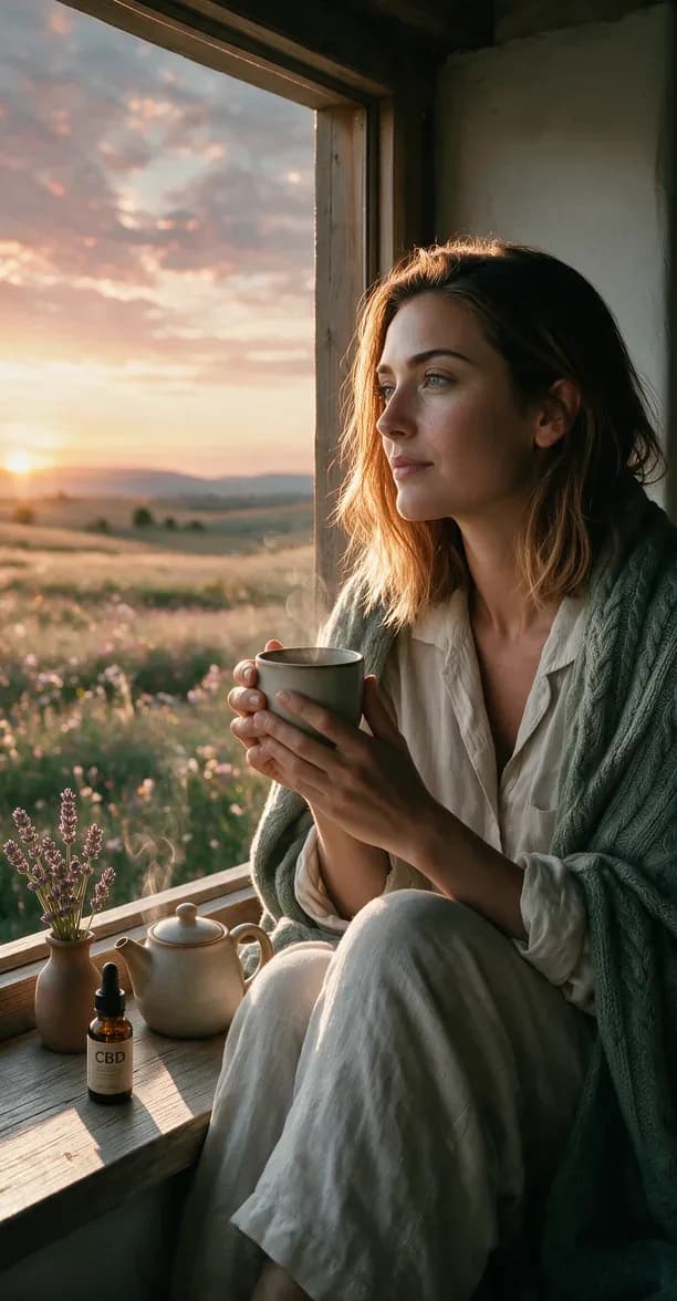 CBD oil for calm and relaxation – woman with tea watching the sunset, CBD oil bottle and lavender nearby, CBDshop.bg
