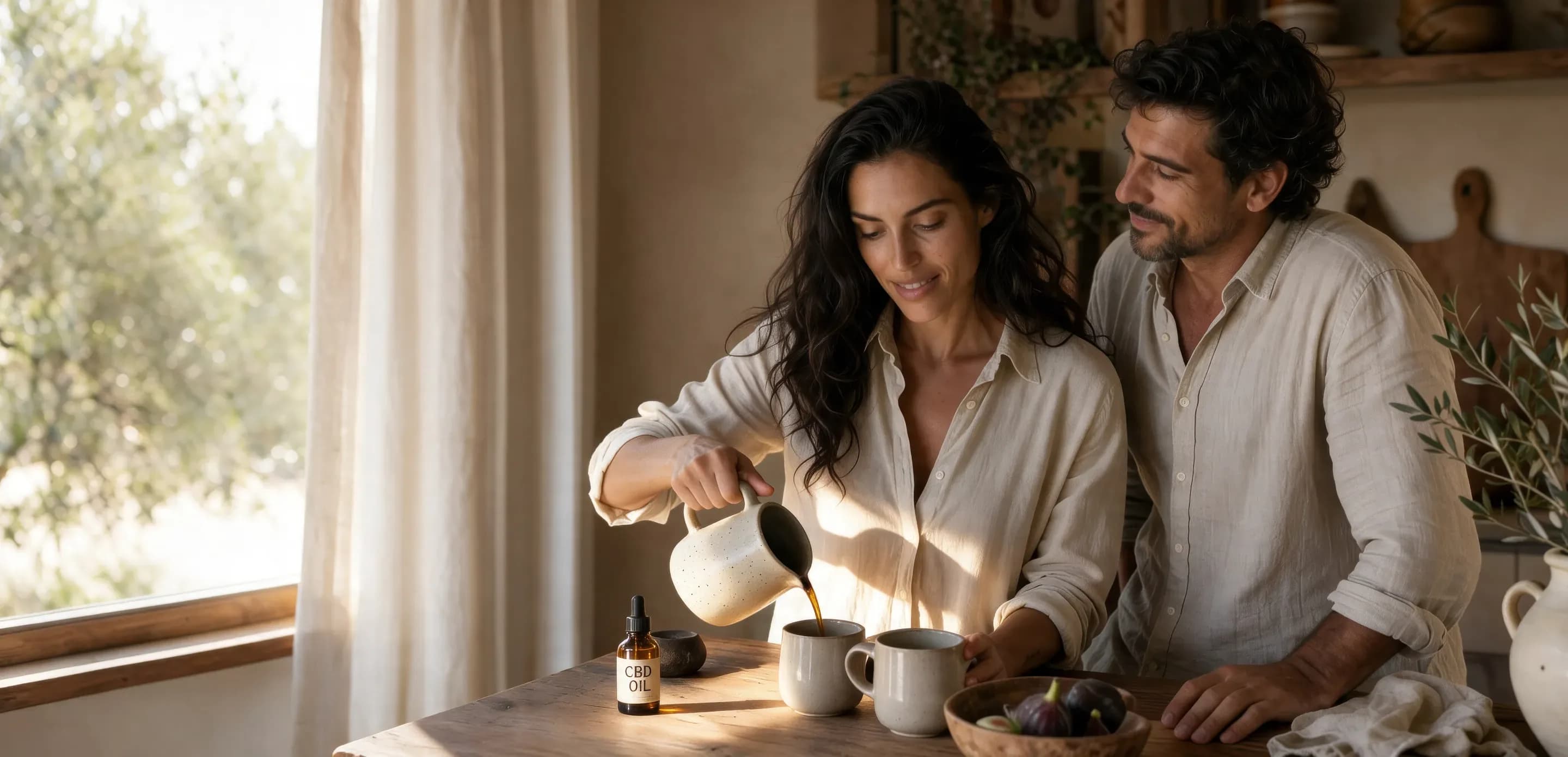 Couple making morning coffee with CBD oil for daily balance in a cozy kitchen
