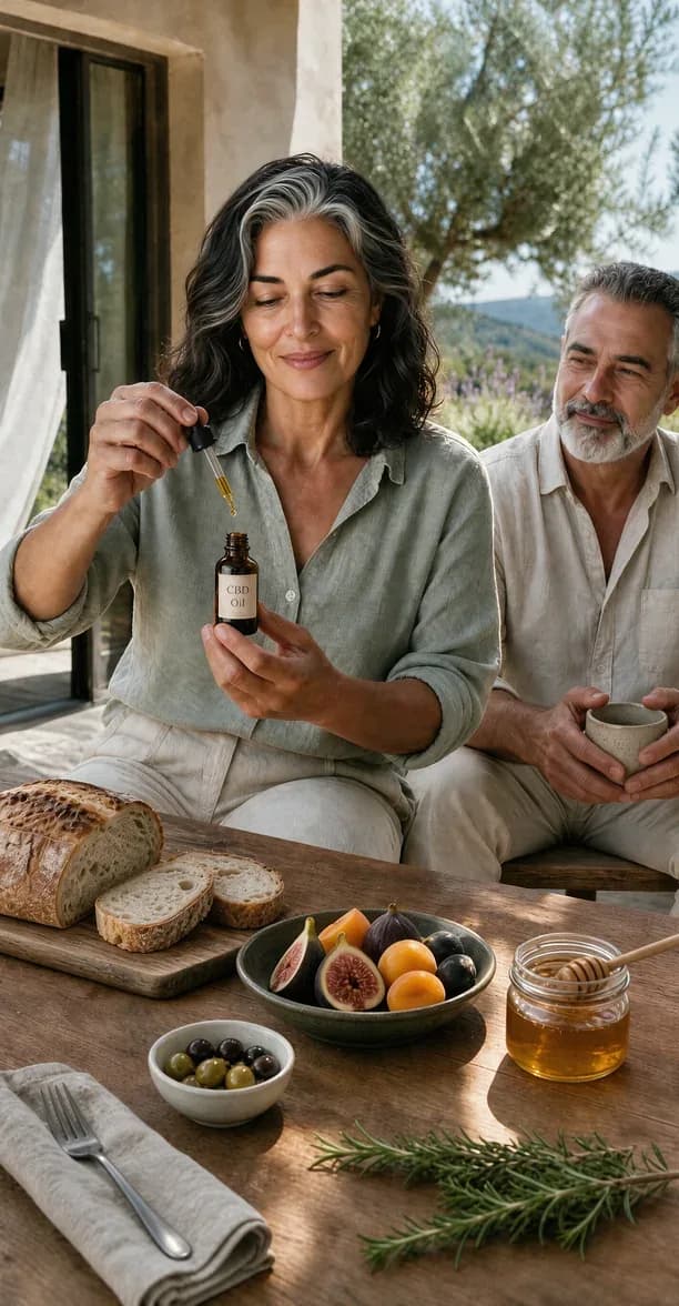 CBD oil for daily balance – woman taking CBD oil with a dropper at breakfast, CBDshop.bg