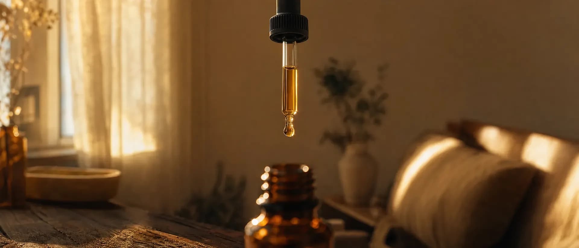 A dropper above a CBD oil bottle in a sunlit room